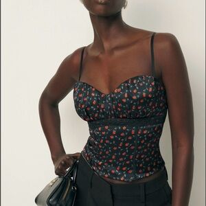 Reformation Silk Black Camisole with Red Rose Pattern